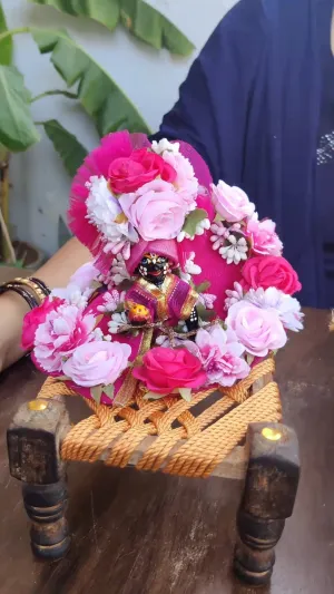 Pink flowers heavy laddu gopal dress with pagdi and wooden manja Combo