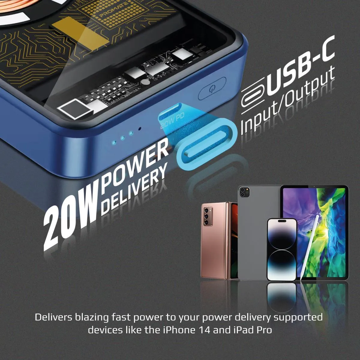 Promate 10000mAh Power Bank with Transparent Magsafe 15W Wireless Charging, 20W PD, 1x USB-C In/Out, Ultra-Compact Design, Charge 2x Devices, Blue