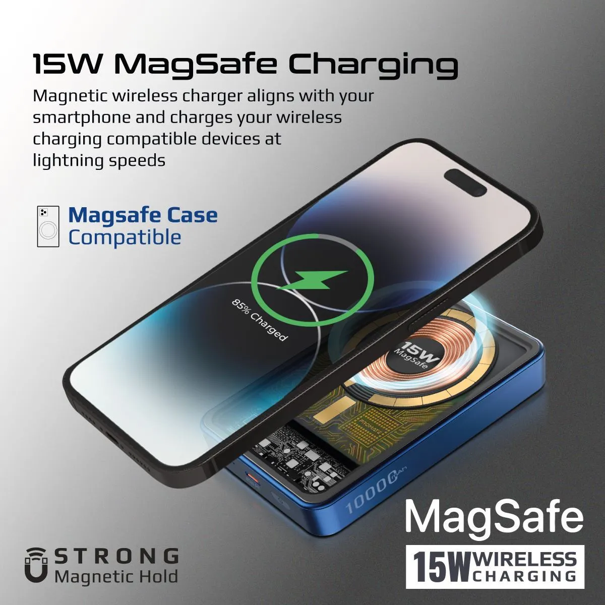Promate 10000mAh Power Bank with Transparent Magsafe 15W Wireless Charging, 20W PD, 1x USB-C In/Out, Ultra-Compact Design, Charge 2x Devices, Blue