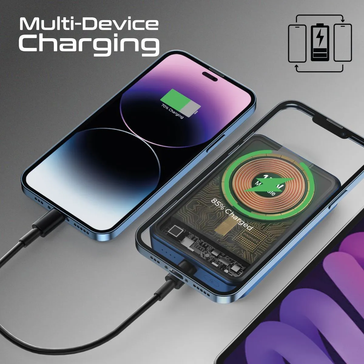 Promate 10000mAh Power Bank with Transparent Magsafe 15W Wireless Charging, 20W PD, 1x USB-C In/Out, Ultra-Compact Design, Charge 2x Devices, Blue