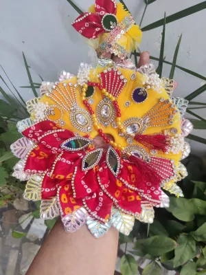 Red yellow heavy bhandej patti with pagadi and patka janmashtami special laddu gopal dress