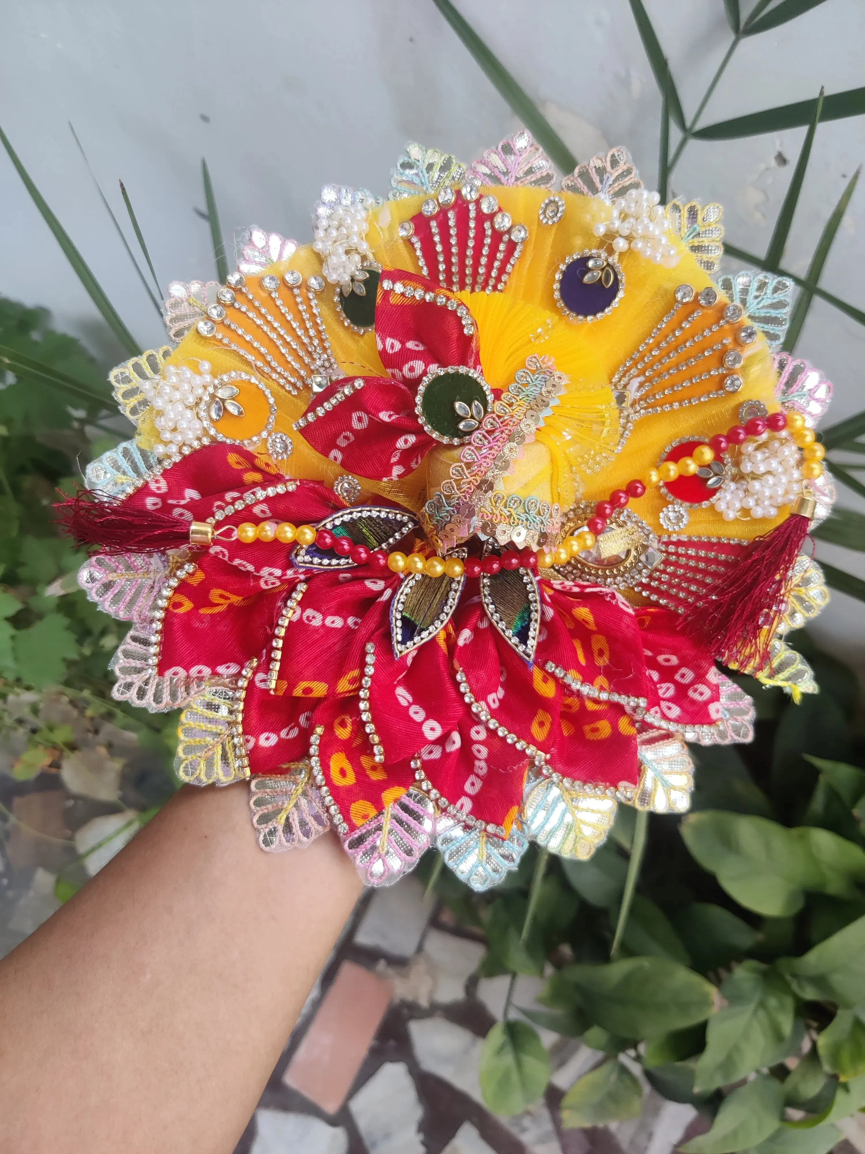 Red yellow heavy bhandej patti with pagadi and patka janmashtami special laddu gopal dress