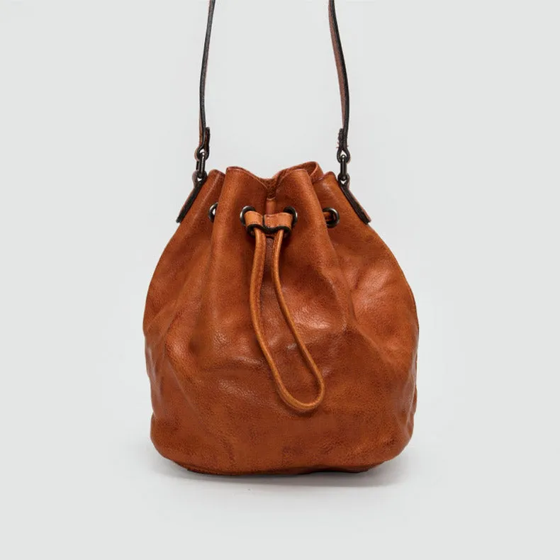 Small Womens Brown Leather Bucket Bag Purse Over The Shoulder Bags for Women