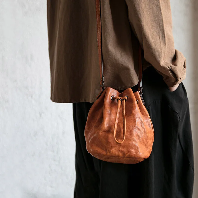 Small Womens Brown Leather Bucket Bag Purse Over The Shoulder Bags for Women