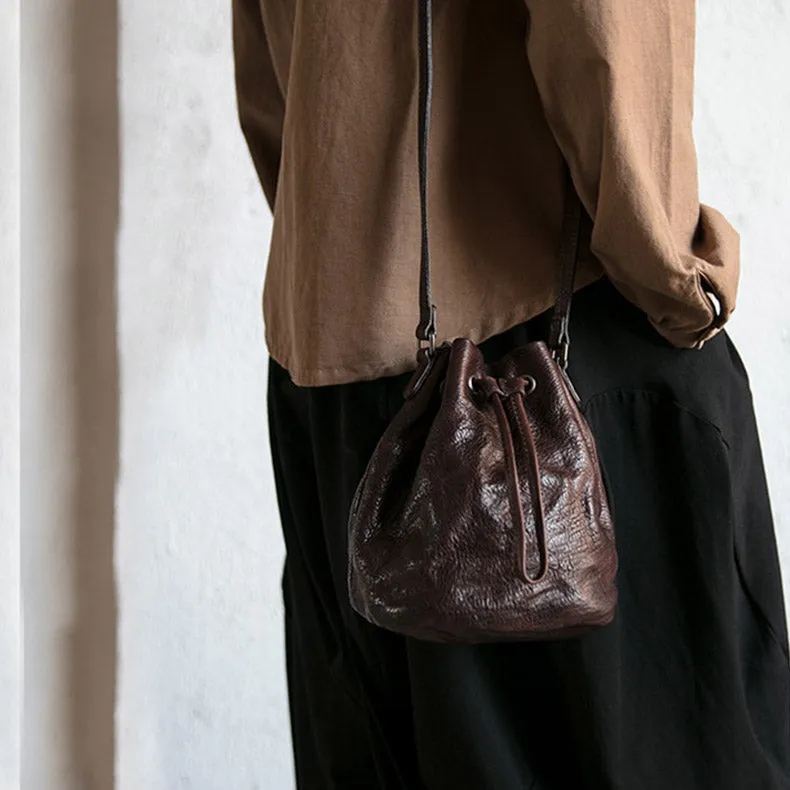 Small Womens Brown Leather Bucket Bag Purse Over The Shoulder Bags for Women
