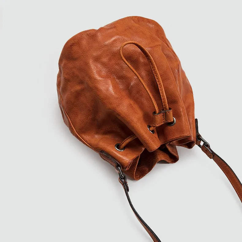 Small Womens Brown Leather Bucket Bag Purse Over The Shoulder Bags for Women