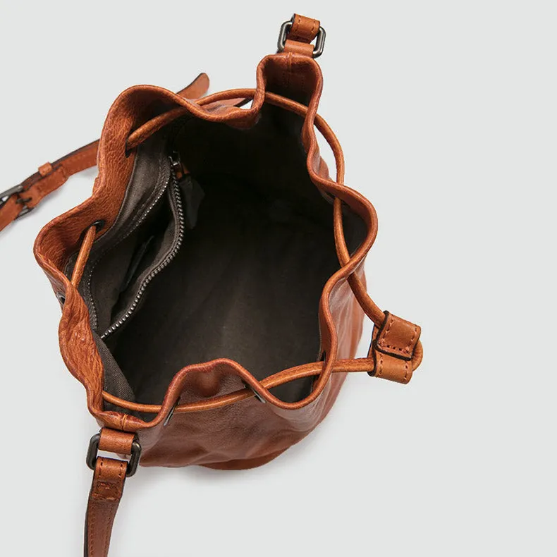 Small Womens Brown Leather Bucket Bag Purse Over The Shoulder Bags for Women