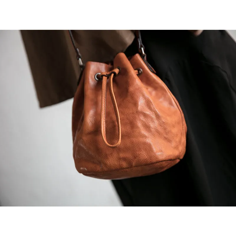 Small Womens Brown Leather Bucket Bag Purse Over The Shoulder Bags for Women