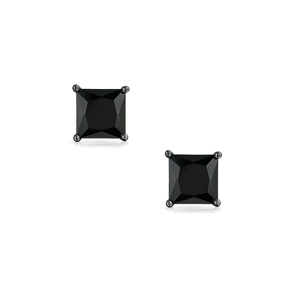 Sterling Silver Princess Square Studs Earrings ,3mm-5mm Square Black Solid 925 Sterling Silver Solitaire Stud Post Earrings Round Black Diamond CZ
