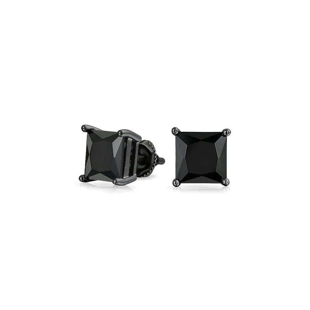 Sterling Silver Princess Square Studs Earrings ,3mm-5mm Square Black Solid 925 Sterling Silver Solitaire Stud Post Earrings Round Black Diamond CZ