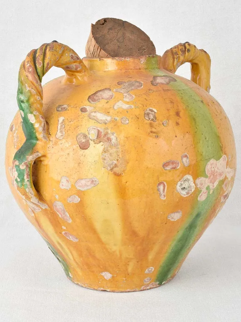 Superb large water cruche with twisted handles - yellow & green 13¾"