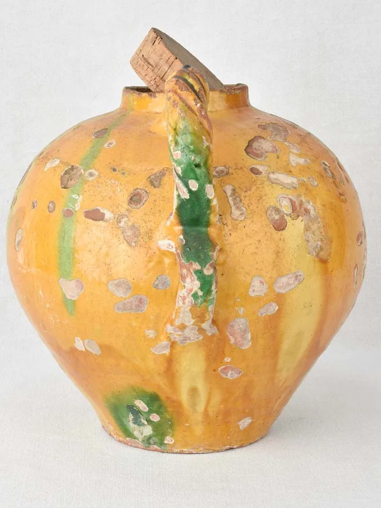 Superb large water cruche with twisted handles - yellow & green 13¾"