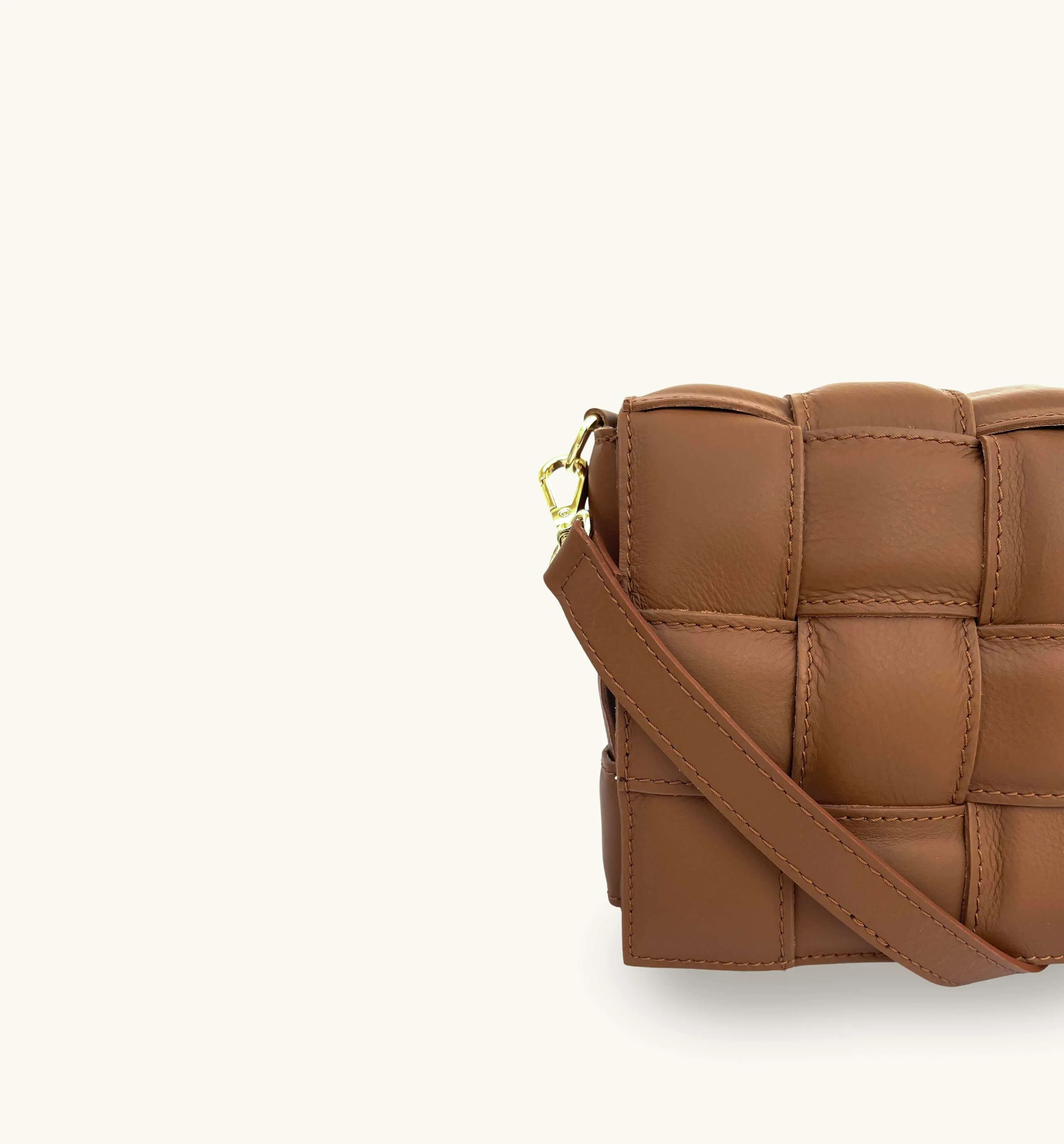 Tan Padded Woven Leather Crossbody Bag