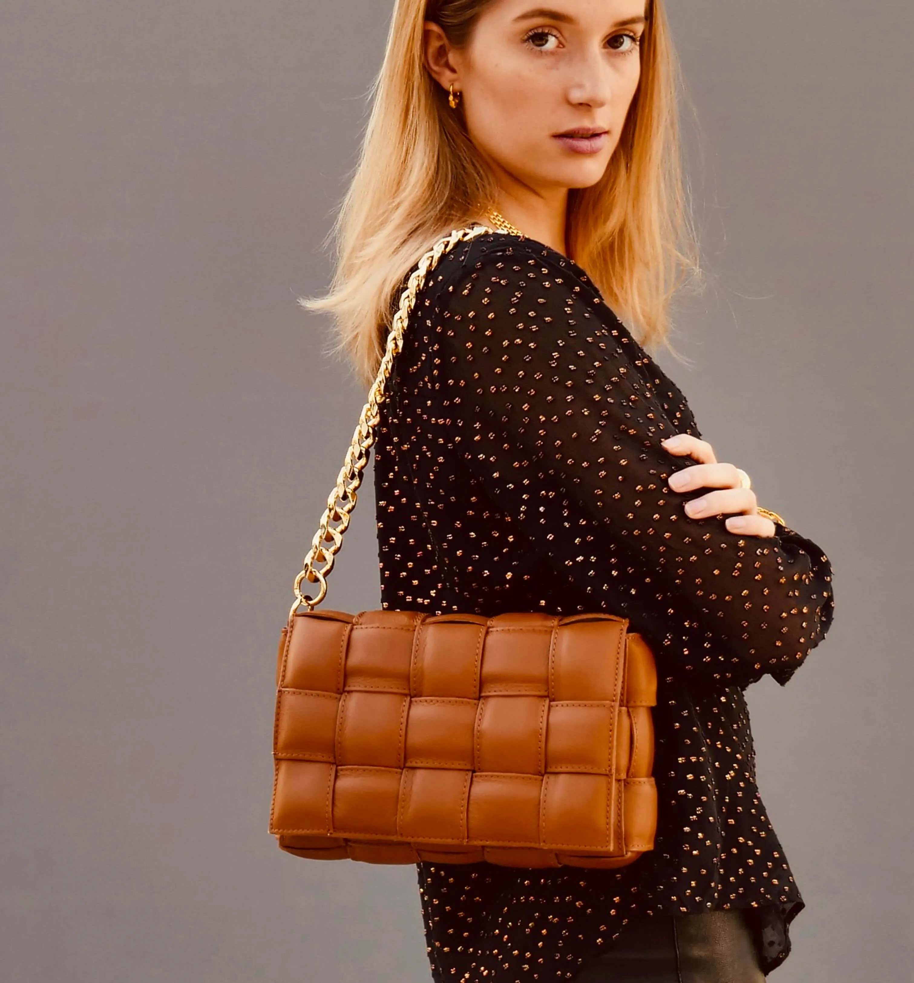 Tan Padded Woven Leather Crossbody Bag