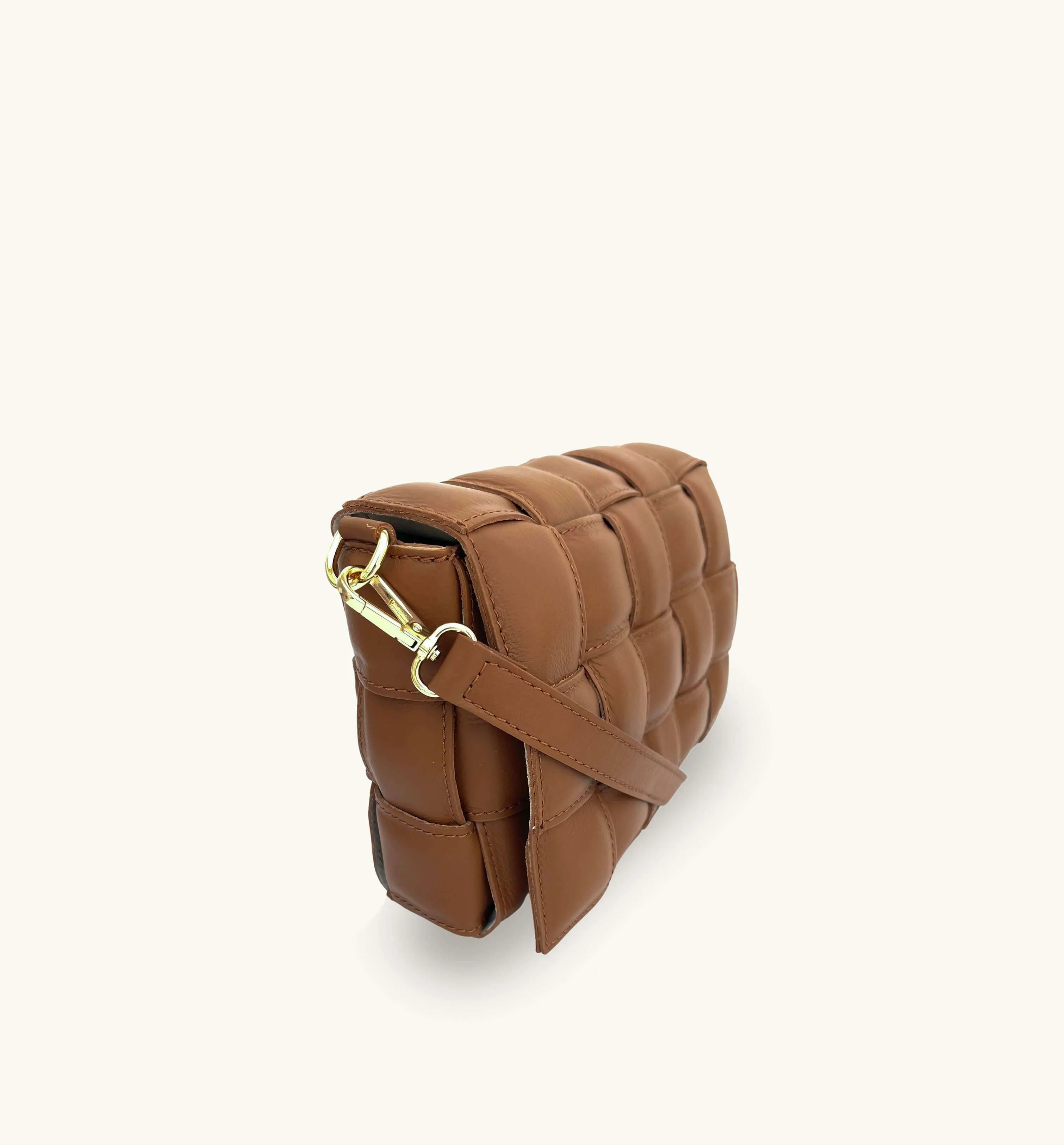 Tan Padded Woven Leather Crossbody Bag