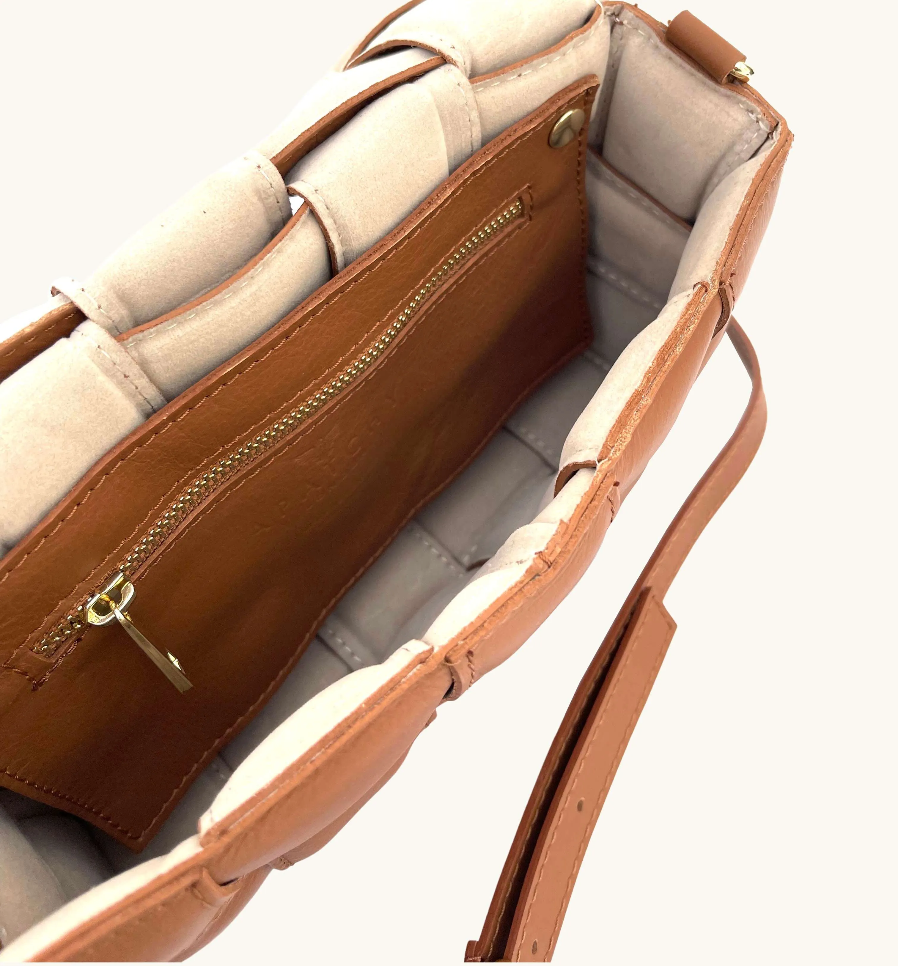 Tan Padded Woven Leather Crossbody Bag