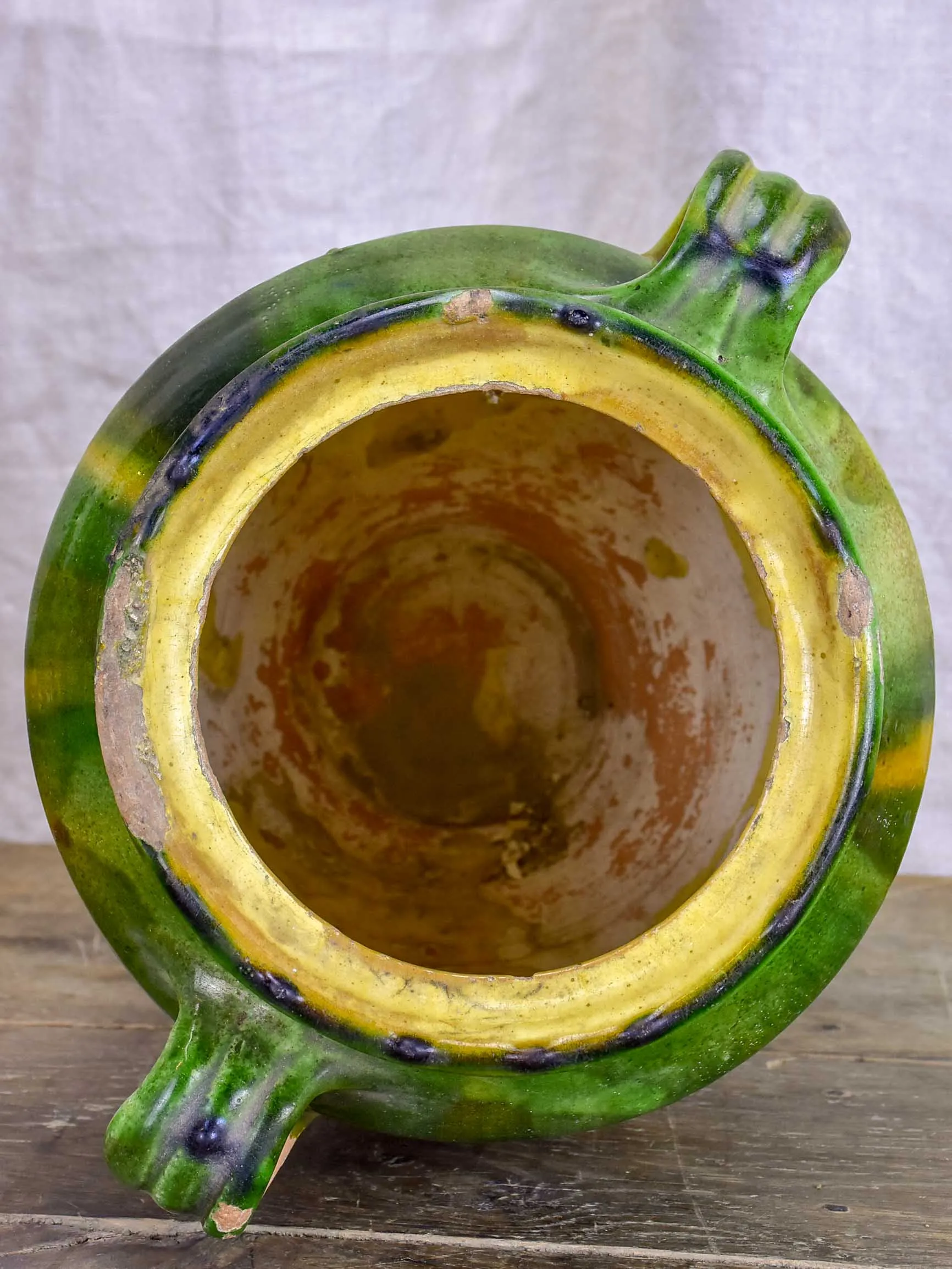 Very large antique French confit pot with green glaze 12 ¾''