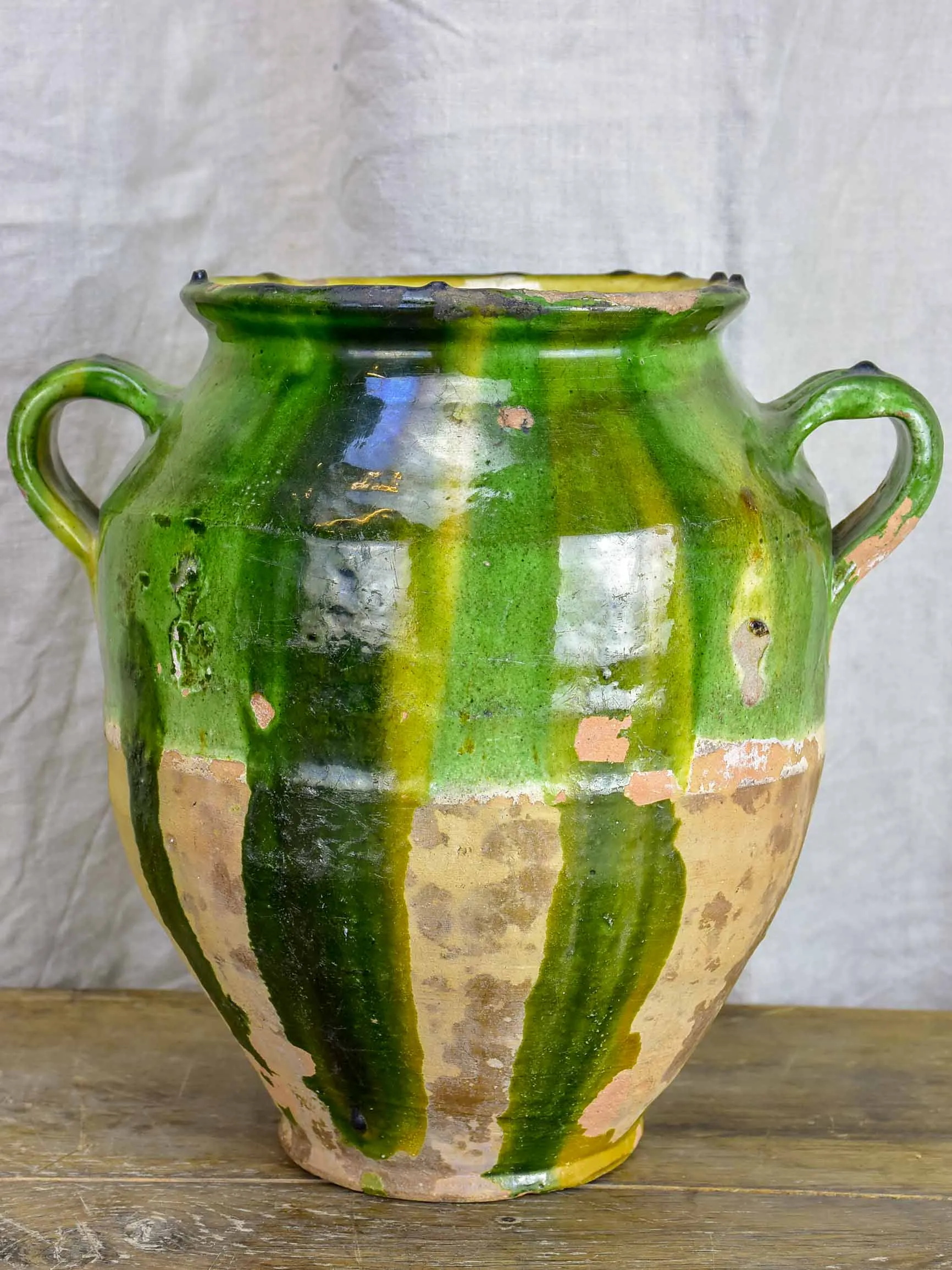Very large antique French confit pot with green glaze 12 ¾''