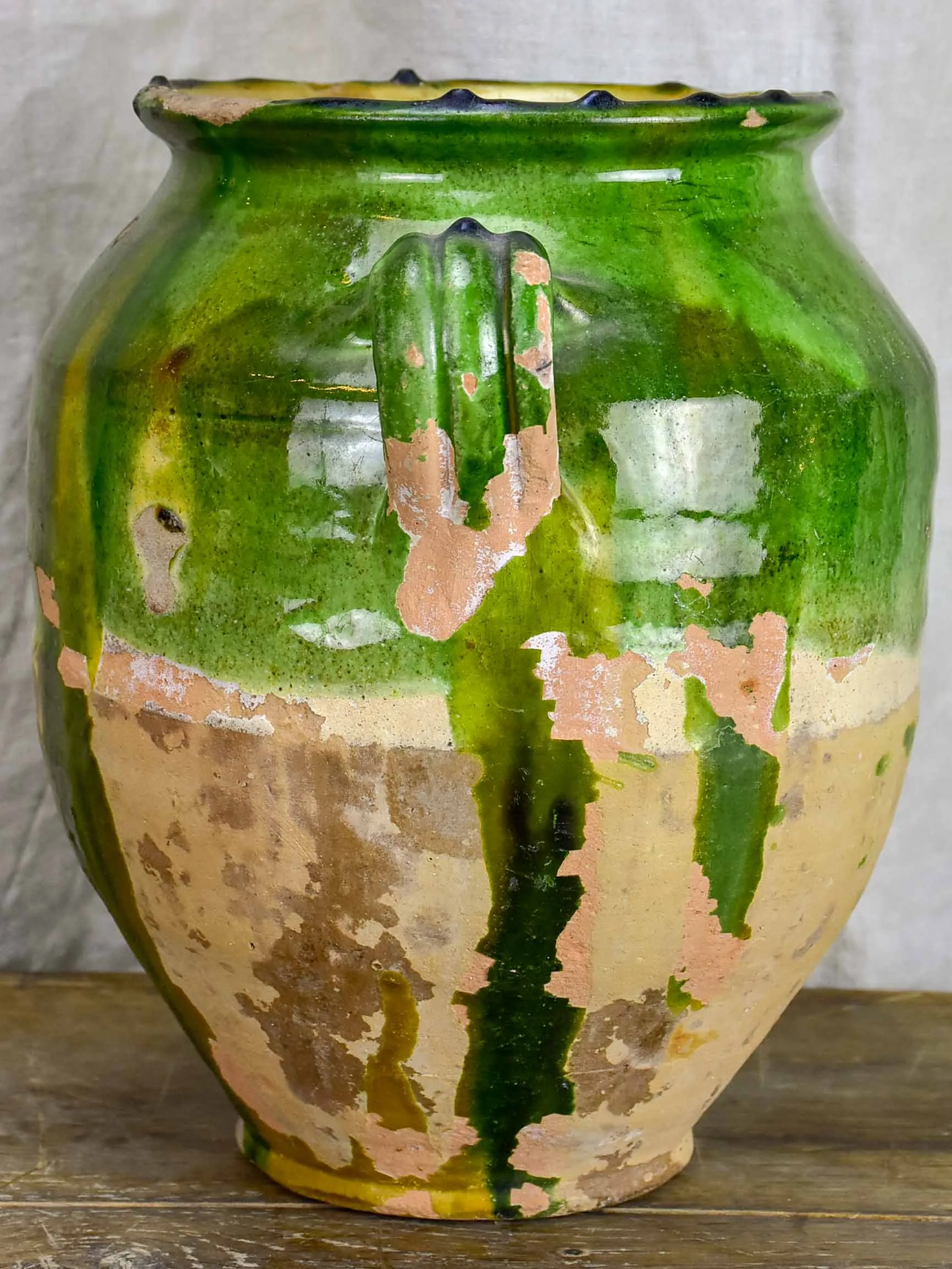 Very large antique French confit pot with green glaze 12 ¾''