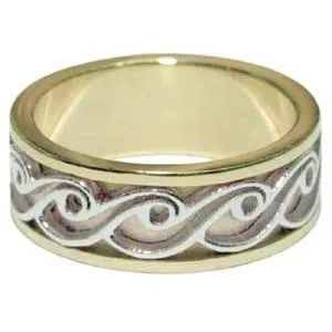 Wedding Band Ring - 2 Tone Gold Ocean Waves Swirls