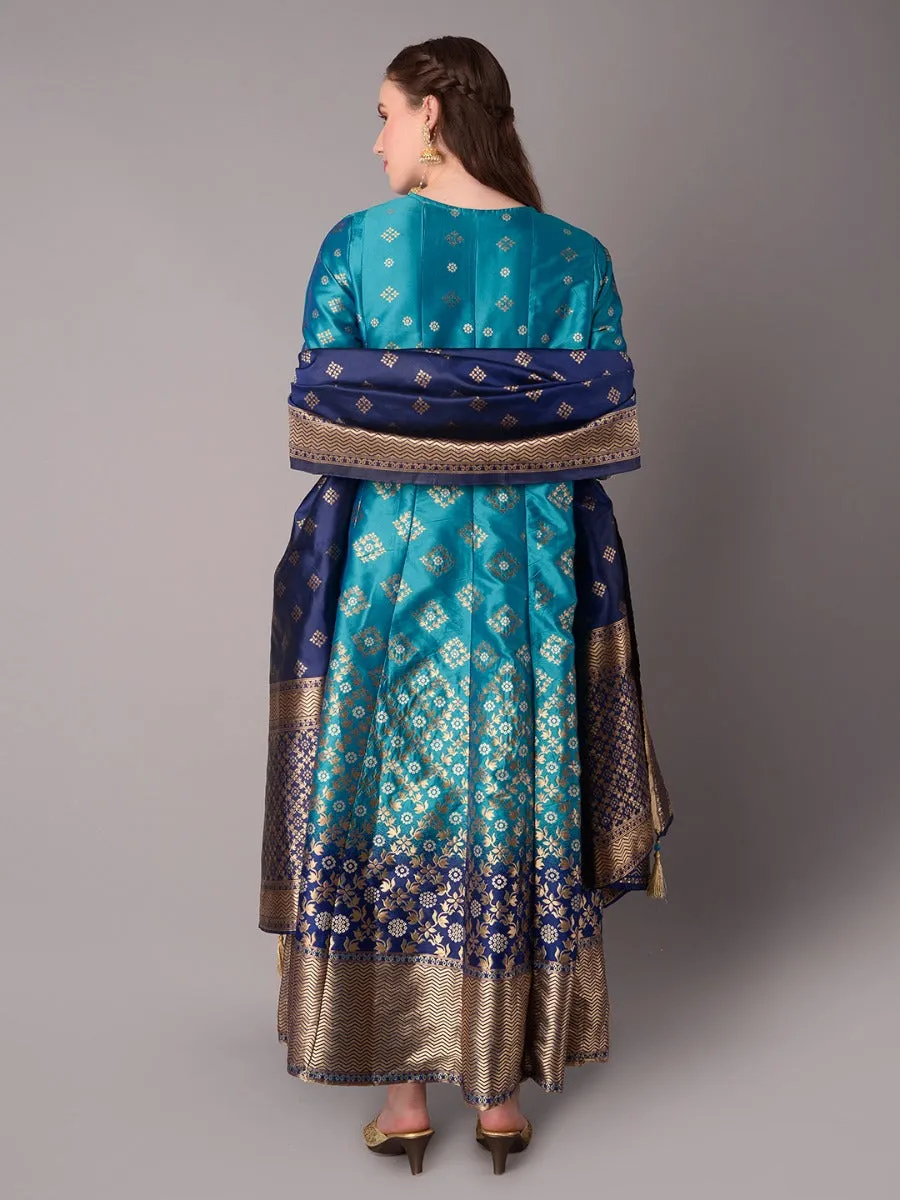 Women Blue Floral Printed Dress With Dupatta