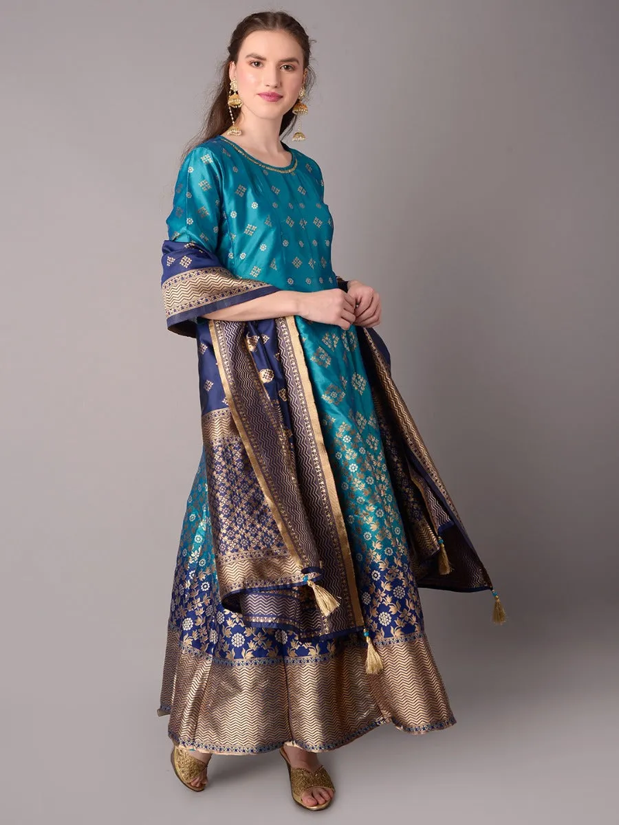 Women Blue Floral Printed Dress With Dupatta