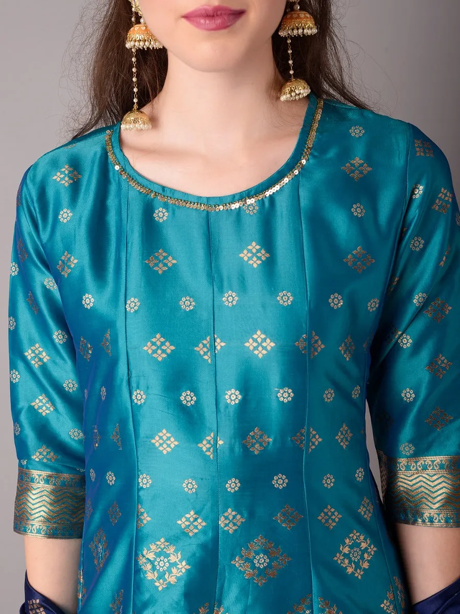 Women Blue Floral Printed Dress With Dupatta