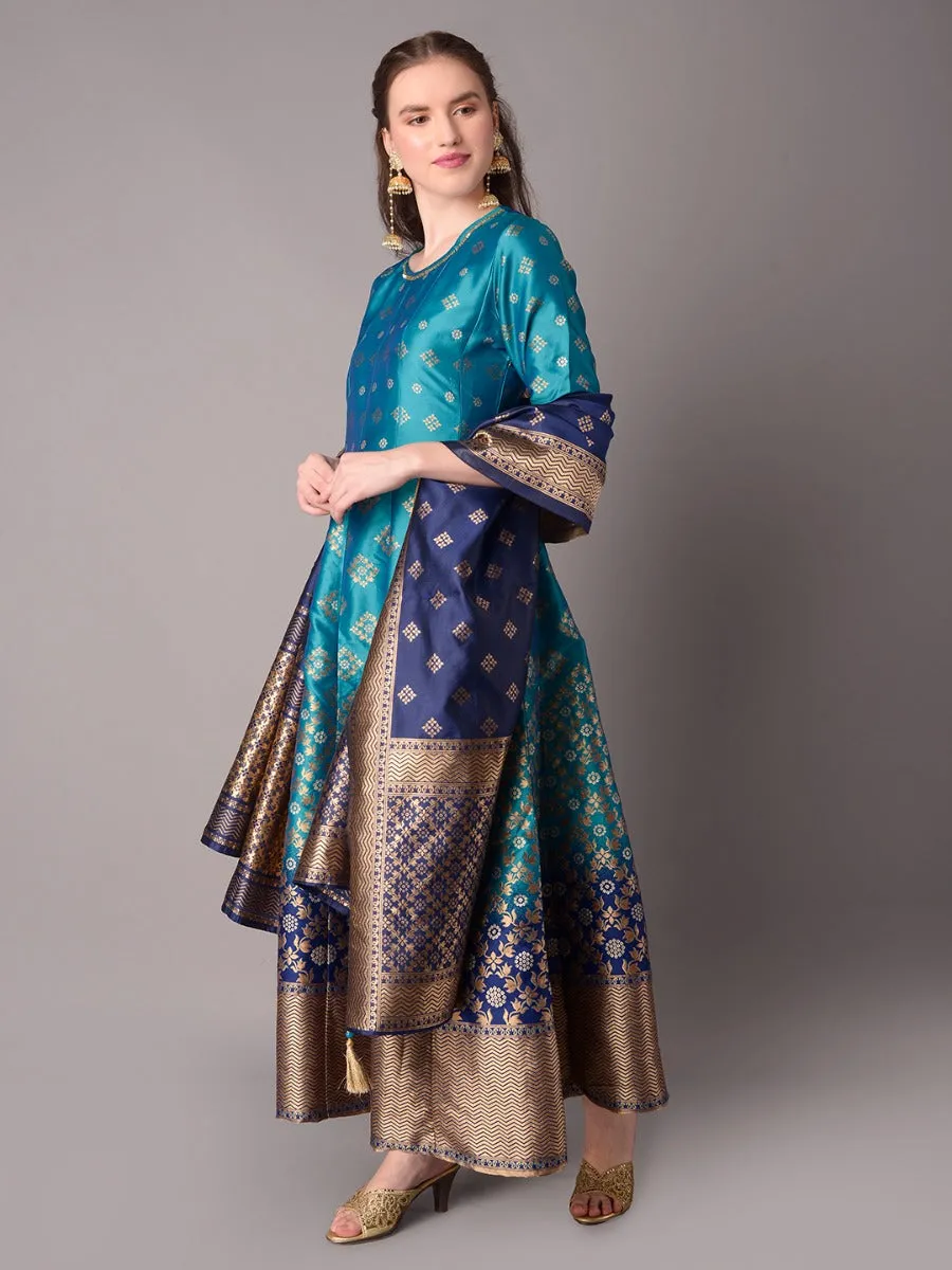 Women Blue Floral Printed Dress With Dupatta
