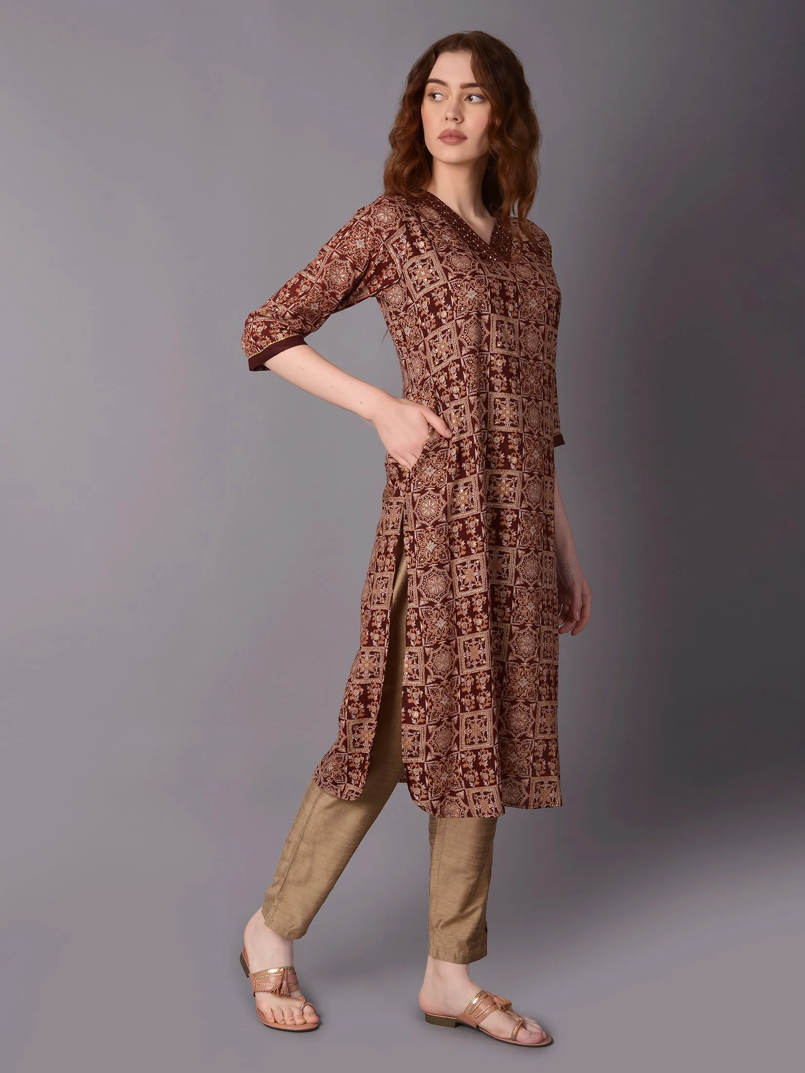 Women Brown Ornamental Printed Kurta