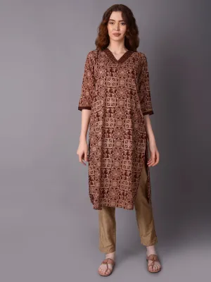Women Brown Ornamental Printed Kurta