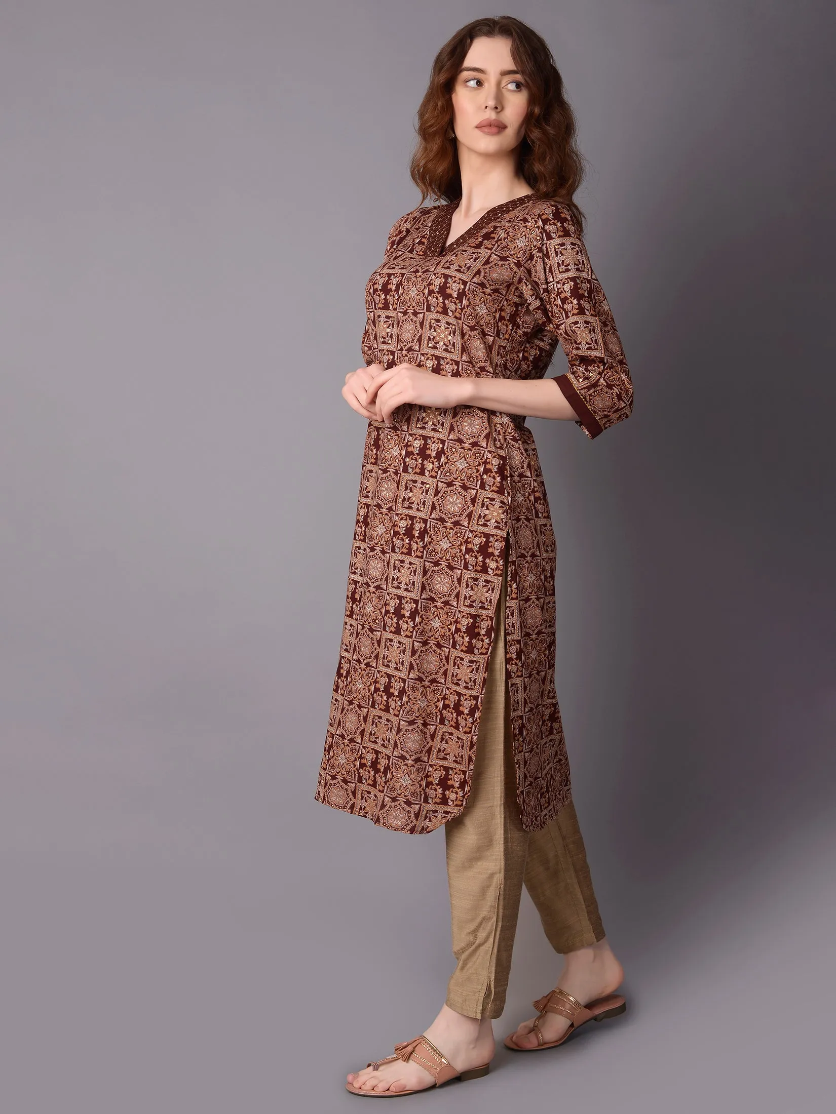 Women Brown Ornamental Printed Kurta