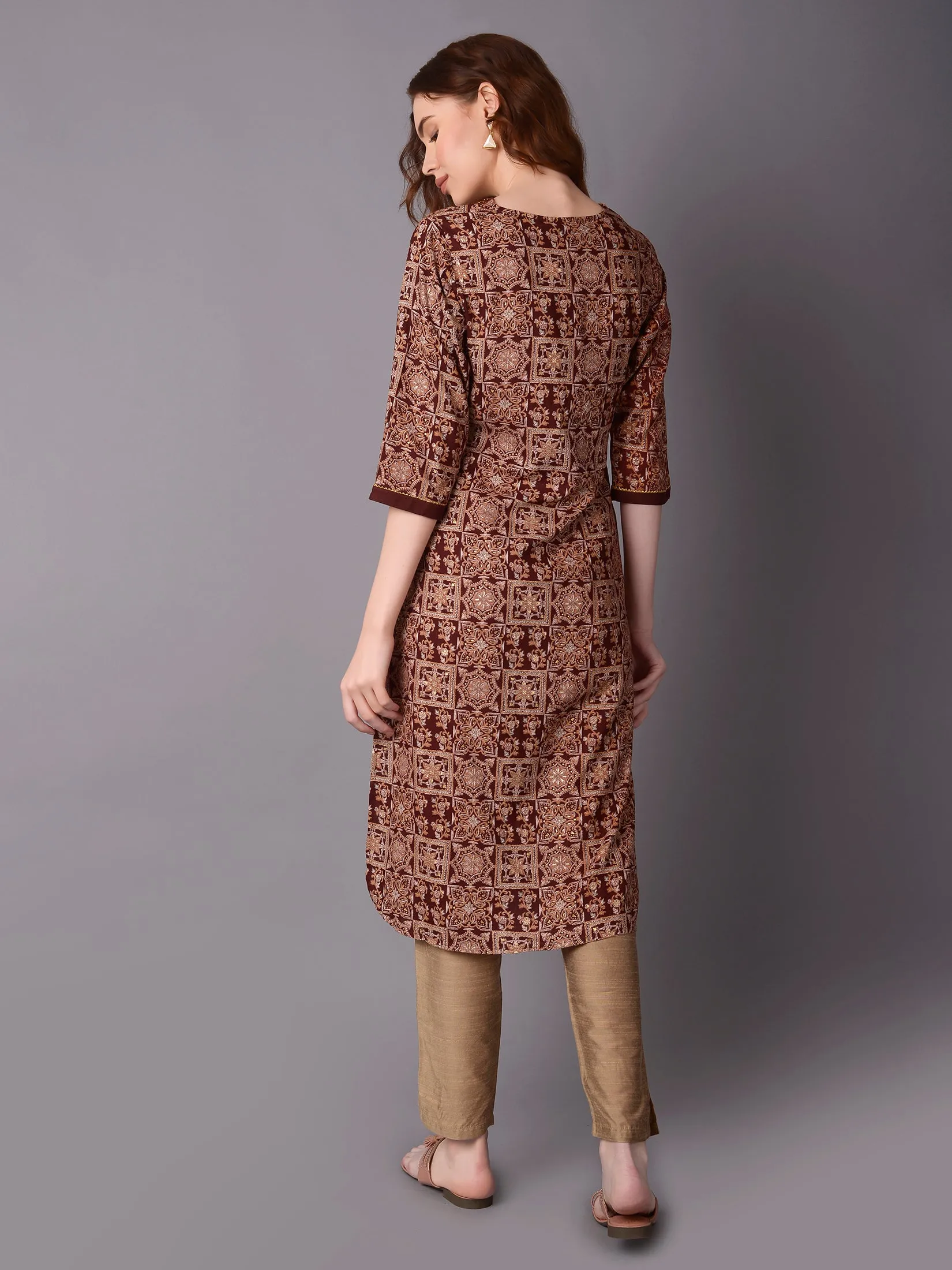 Women Brown Ornamental Printed Kurta