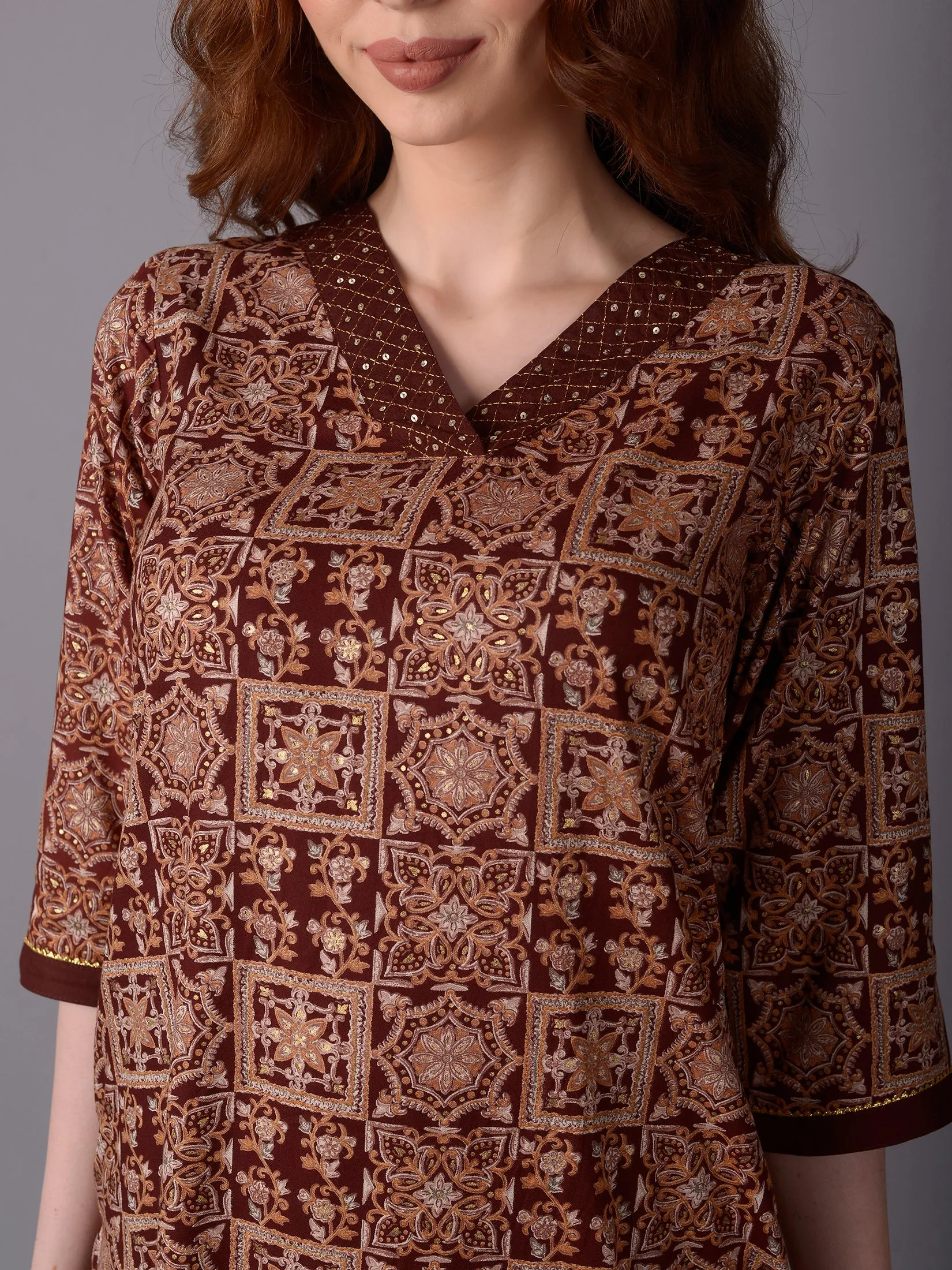 Women Brown Ornamental Printed Kurta