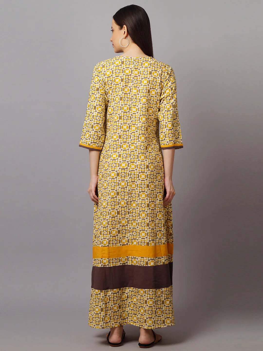 Women Cotton Cream & Mustard Dress