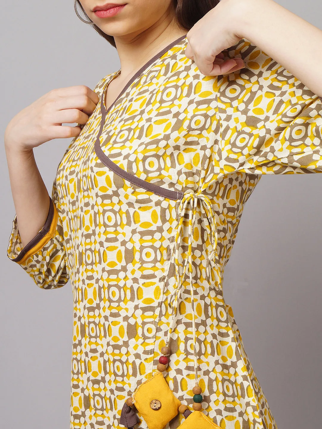 Women Cotton Cream & Mustard Dress