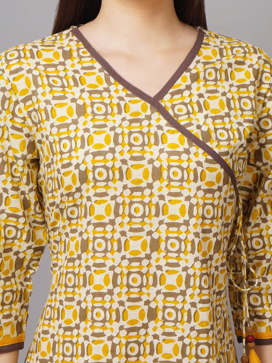 Women Cotton Cream & Mustard Dress