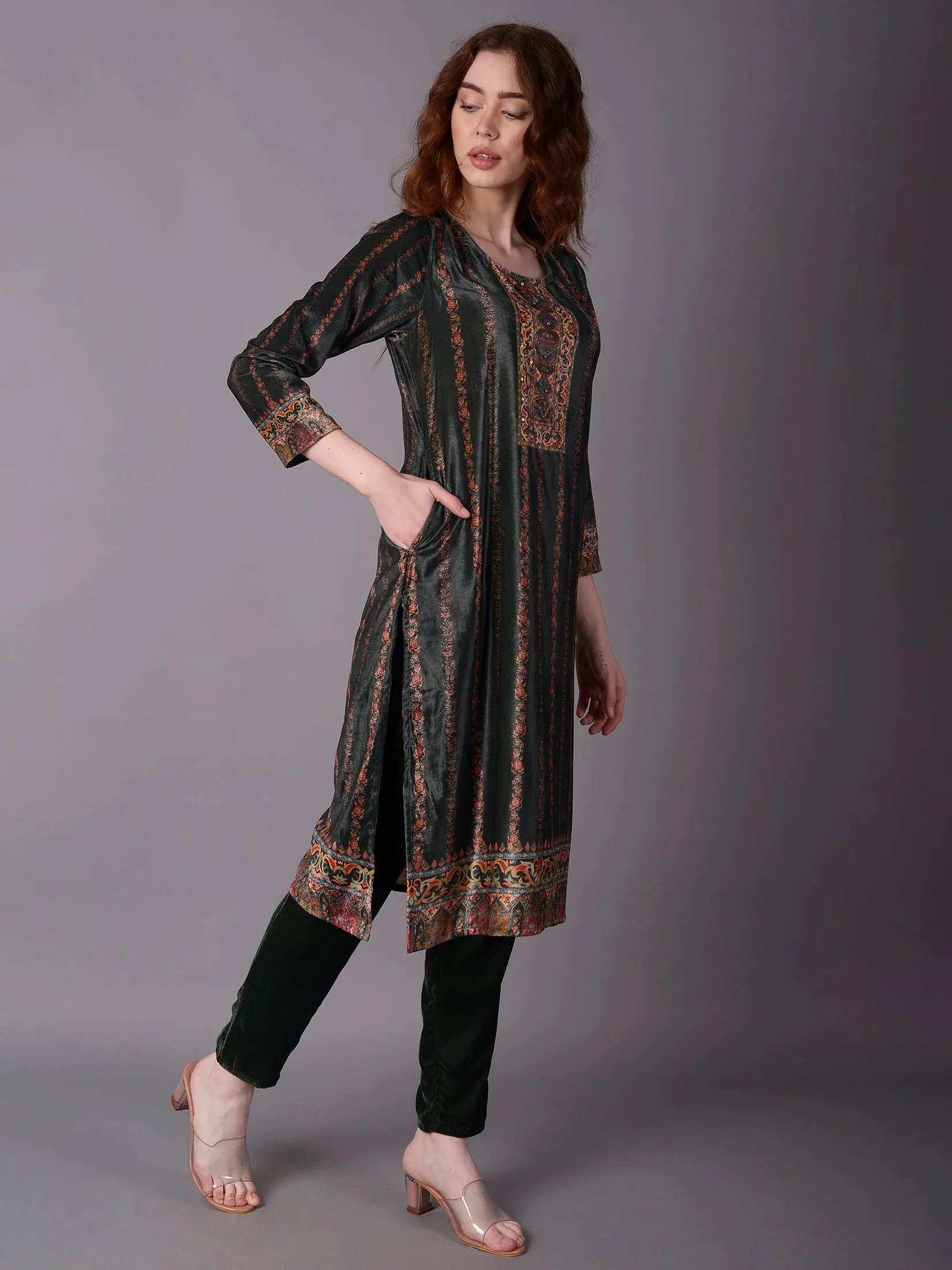 Women Green Straight Kurta Trouser Dupatta