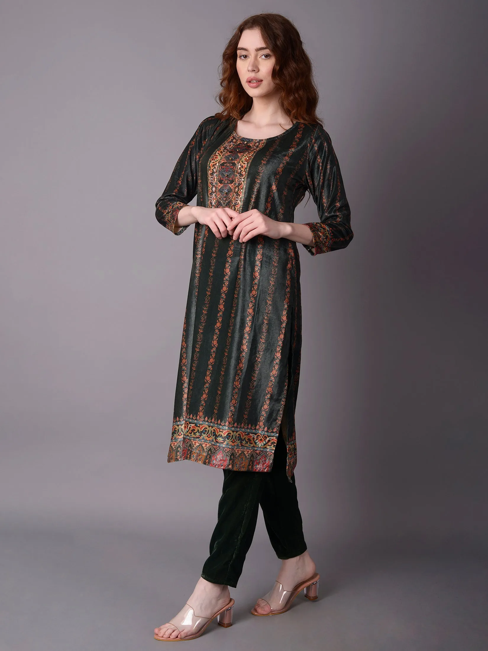 Women Green Straight Kurta Trouser Dupatta