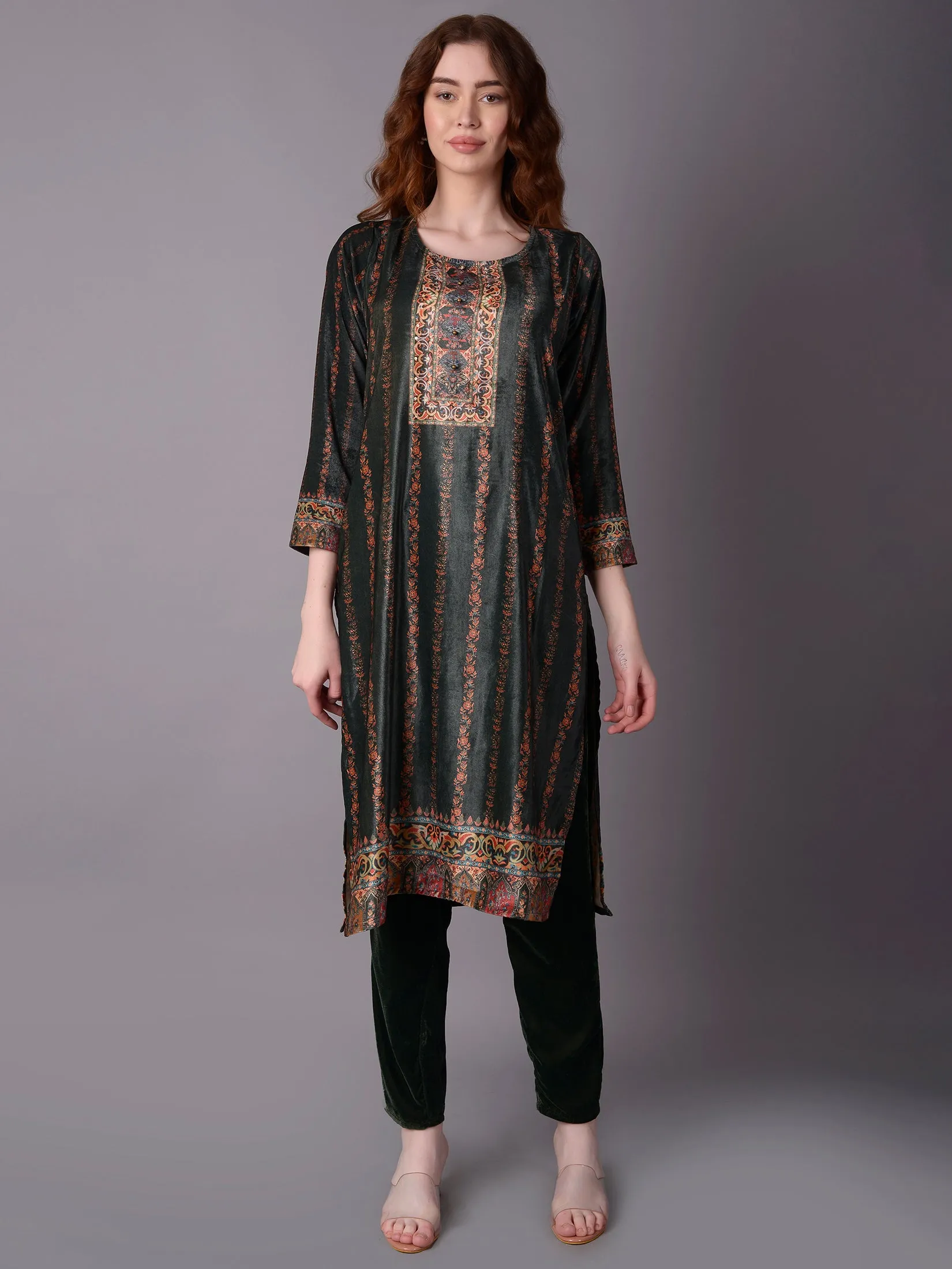Women Green Straight Kurta Trouser Dupatta