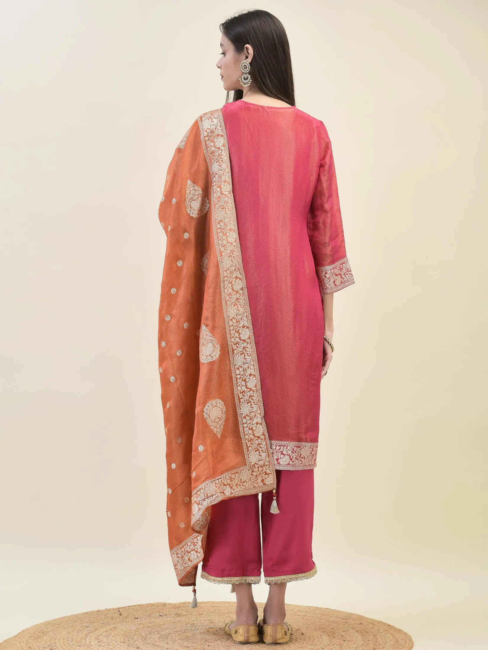 Women Jacquard Fuchsia Ornamental Print Kurta Comfort Pant Dupatta