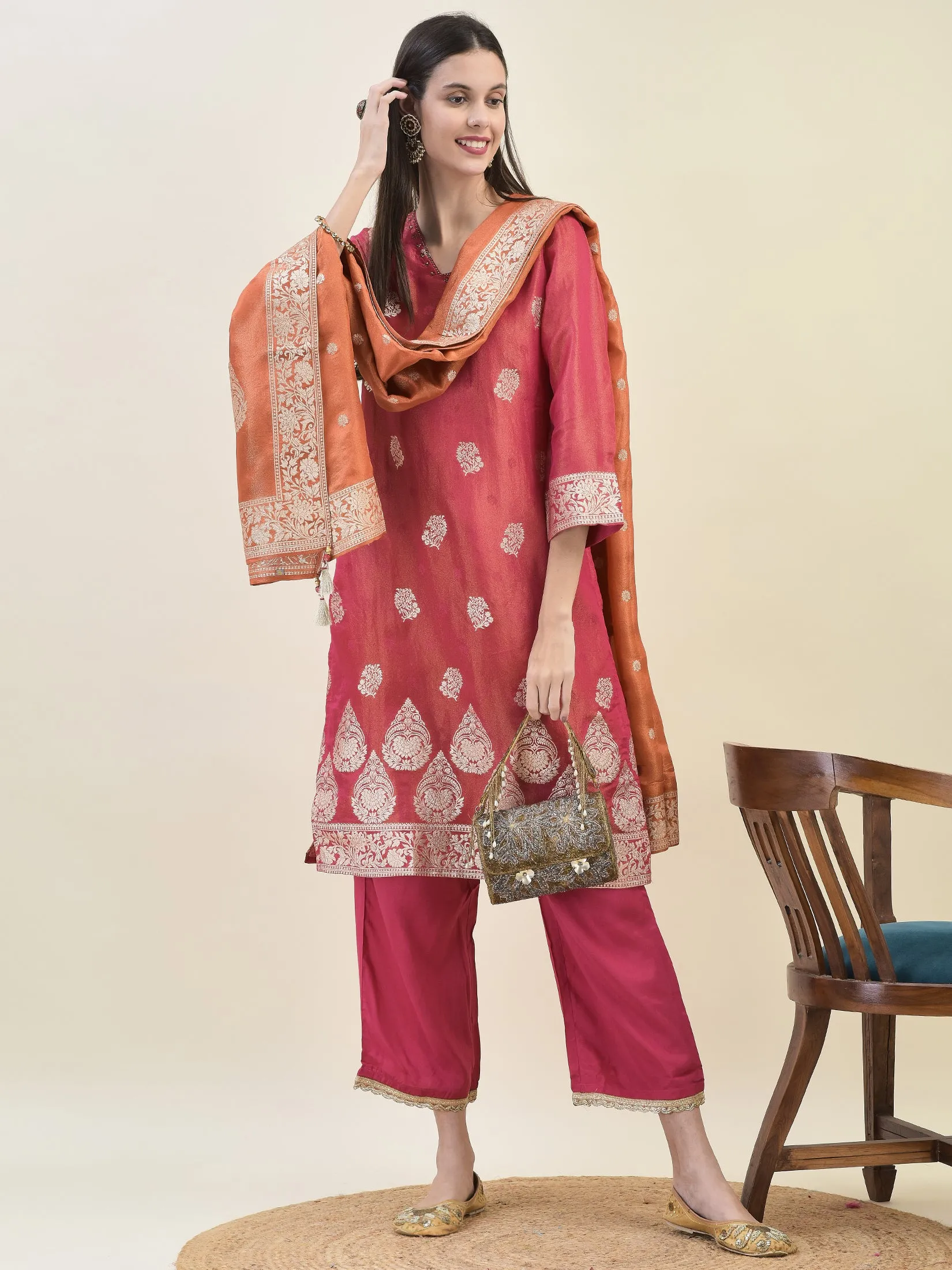 Women Jacquard Fuchsia Ornamental Print Kurta Comfort Pant Dupatta