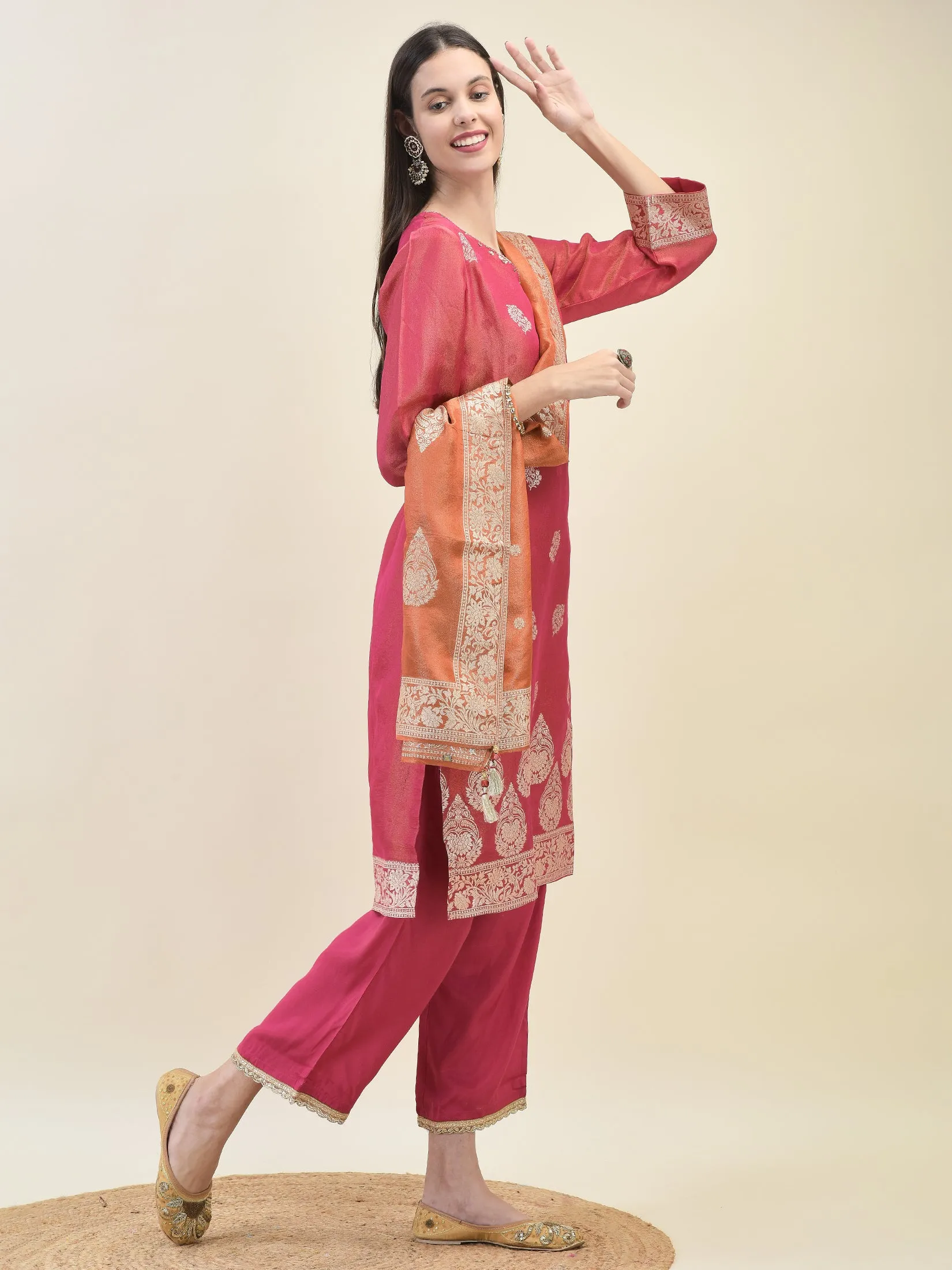 Women Jacquard Fuchsia Ornamental Print Kurta Comfort Pant Dupatta