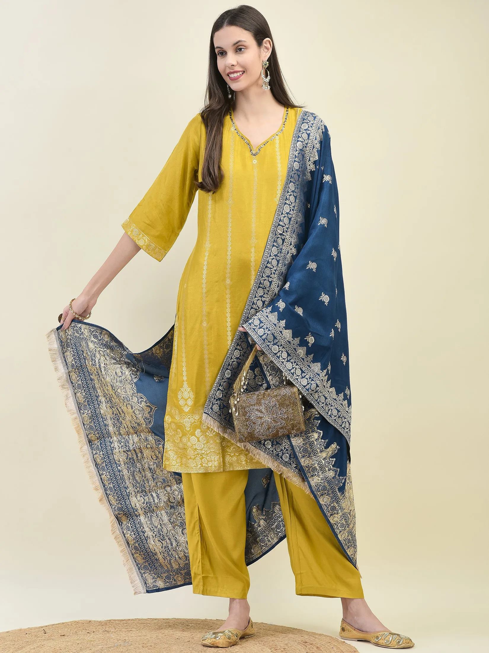 Women Jacquard Mustard Ornamental Print Kurta Comfort Pant Dupatta