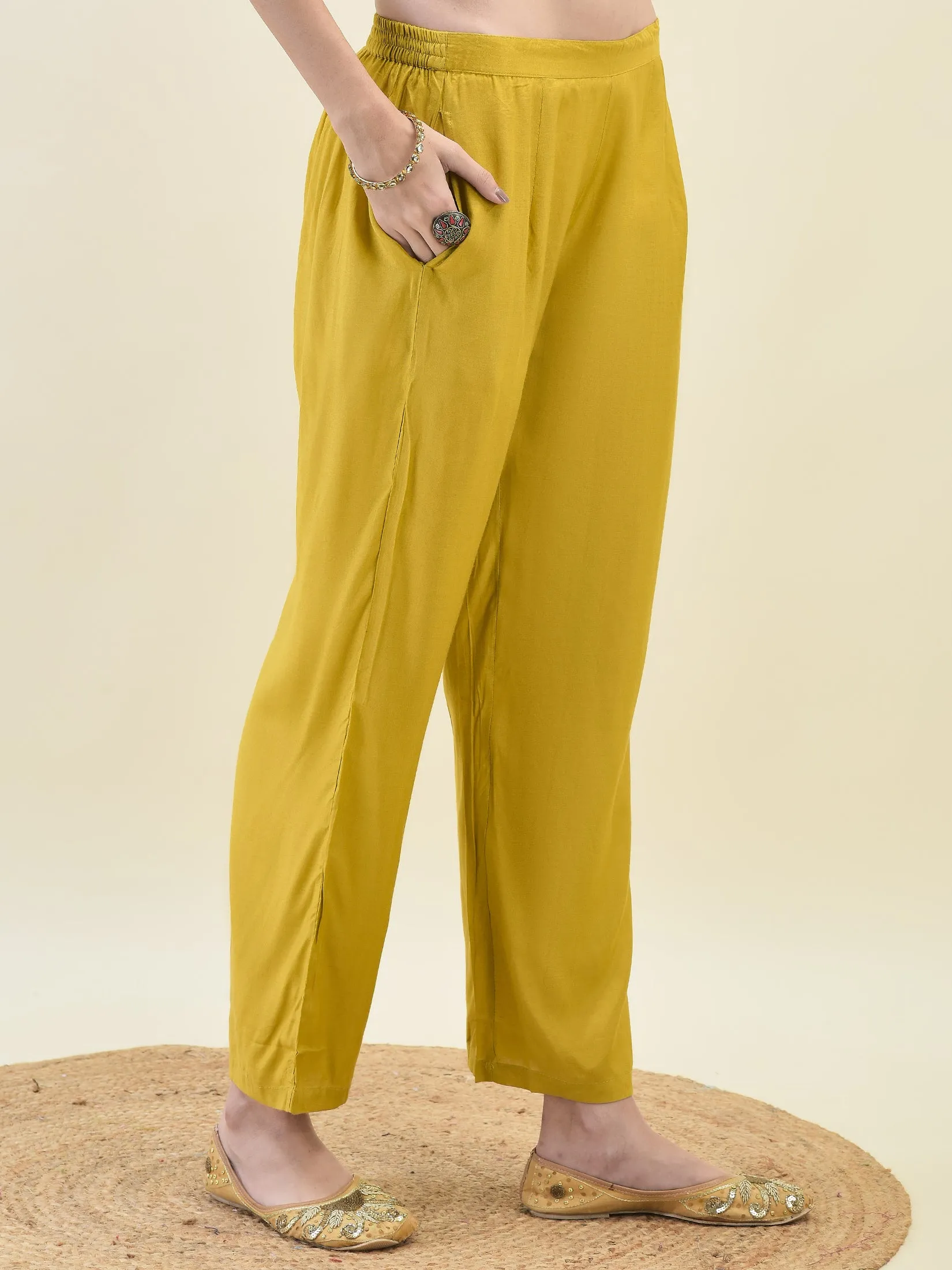 Women Jacquard Mustard Ornamental Print Kurta Comfort Pant Dupatta