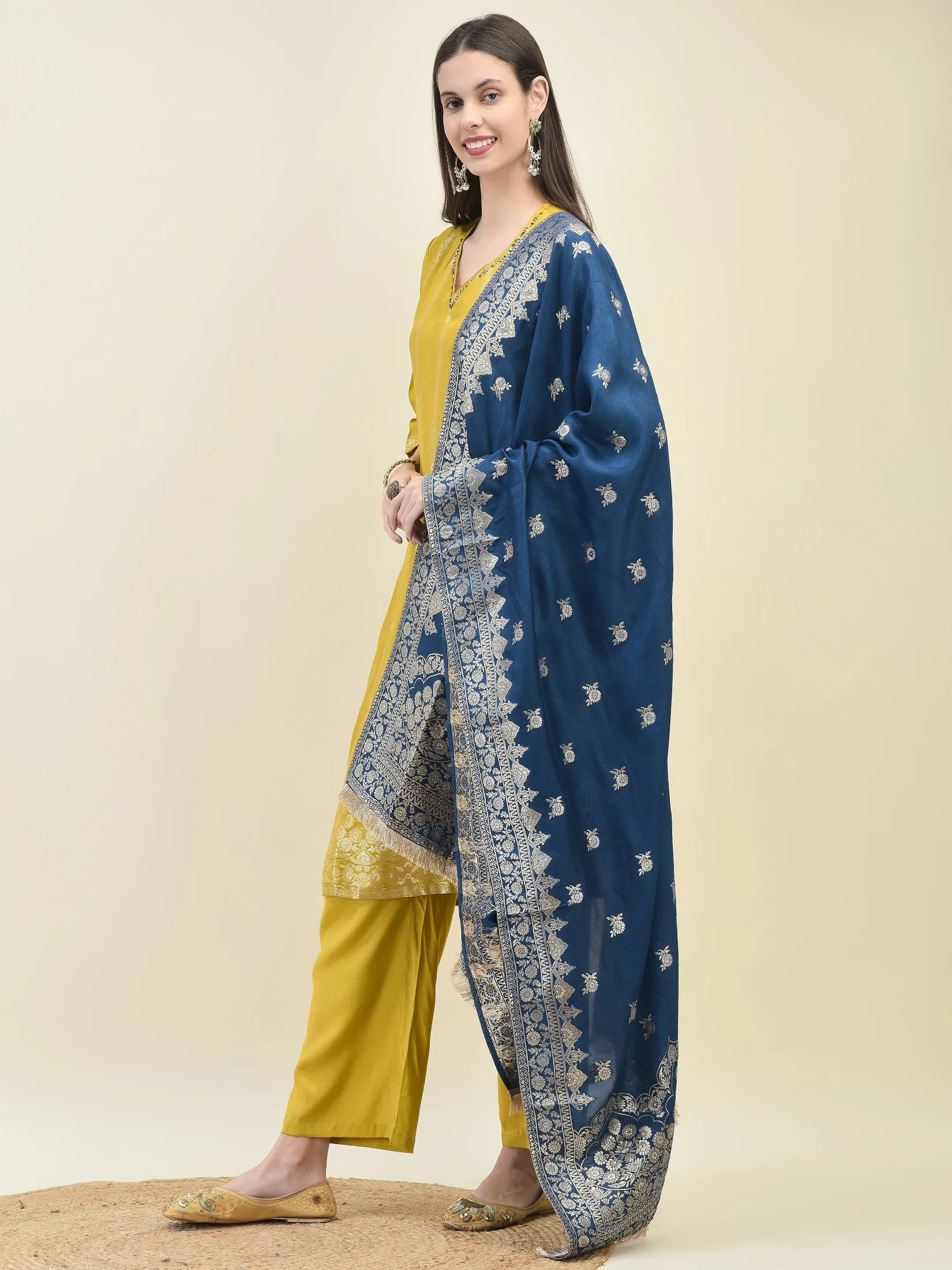 Women Jacquard Mustard Ornamental Print Kurta Comfort Pant Dupatta