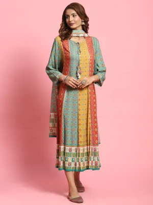 Women Multicolor Ornamental Printed Dress With Dupatta