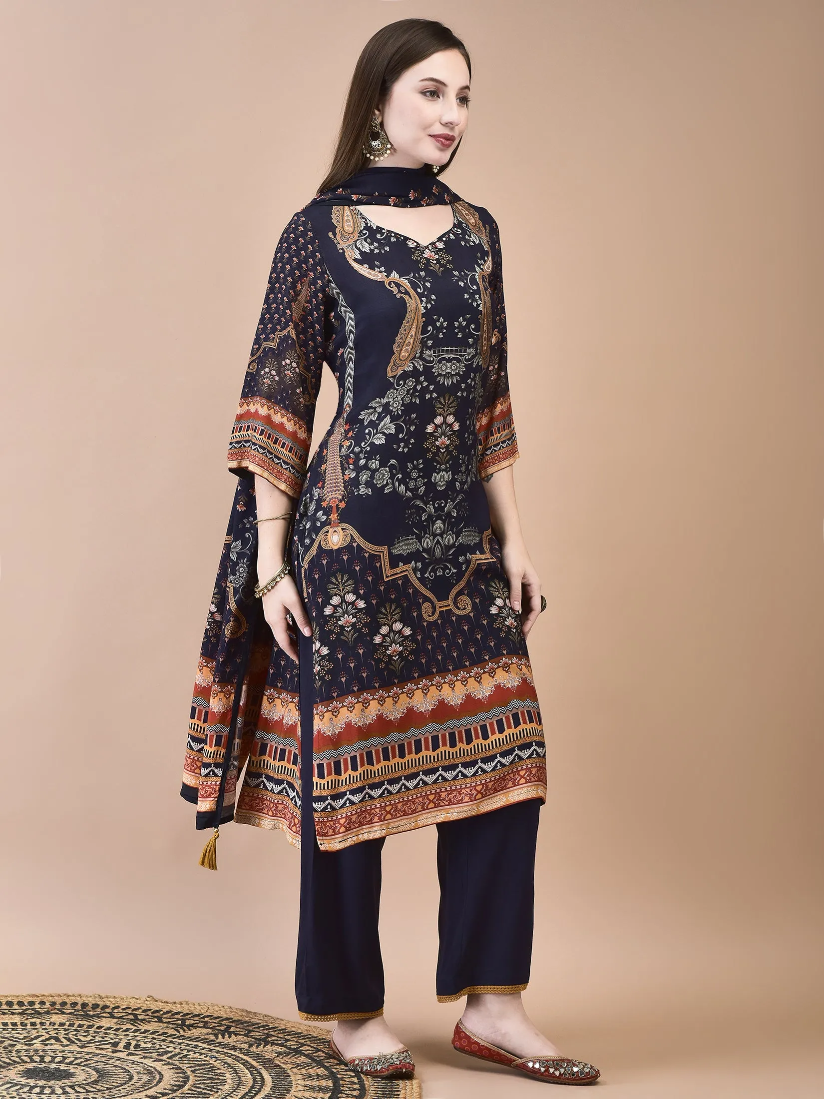 Women Muslin Navy Blue Ornamental Print Kurta Comfort Pant Dupatta