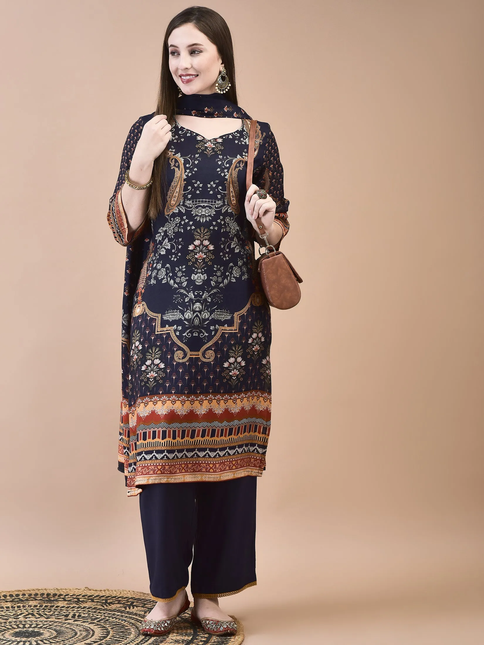 Women Muslin Navy Blue Ornamental Print Kurta Comfort Pant Dupatta