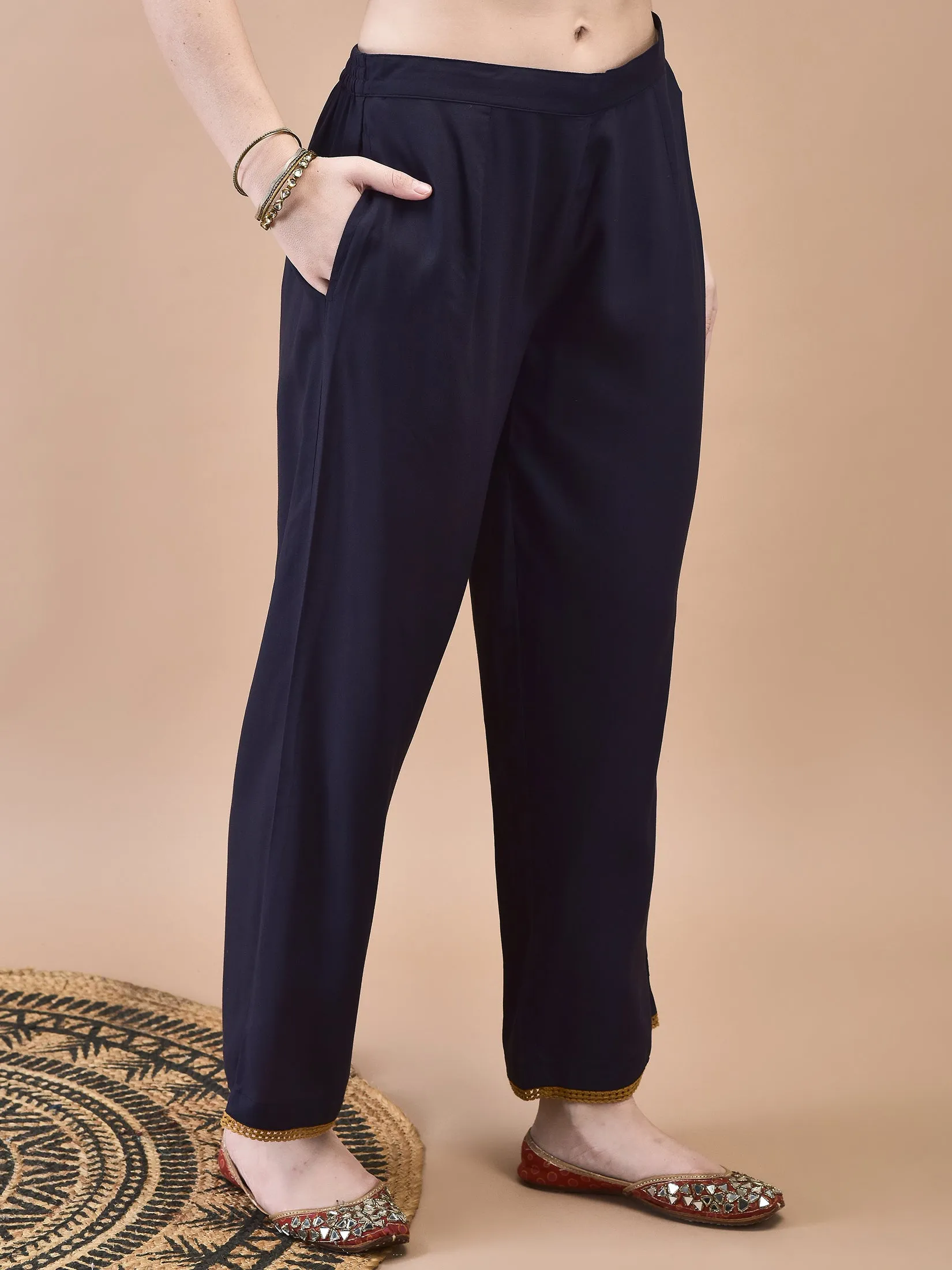 Women Muslin Navy Blue Ornamental Print Kurta Comfort Pant Dupatta