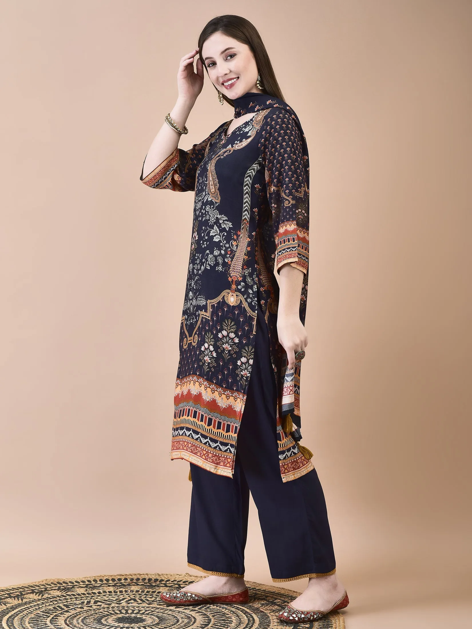 Women Muslin Navy Blue Ornamental Print Kurta Comfort Pant Dupatta